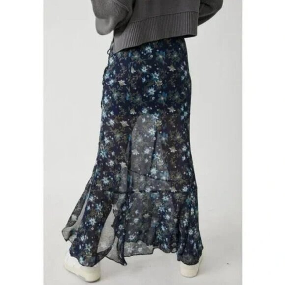 Free People Femme Edge Maxi Skirt Indigo Blue Floral Size 6 - Picture 5 of 10